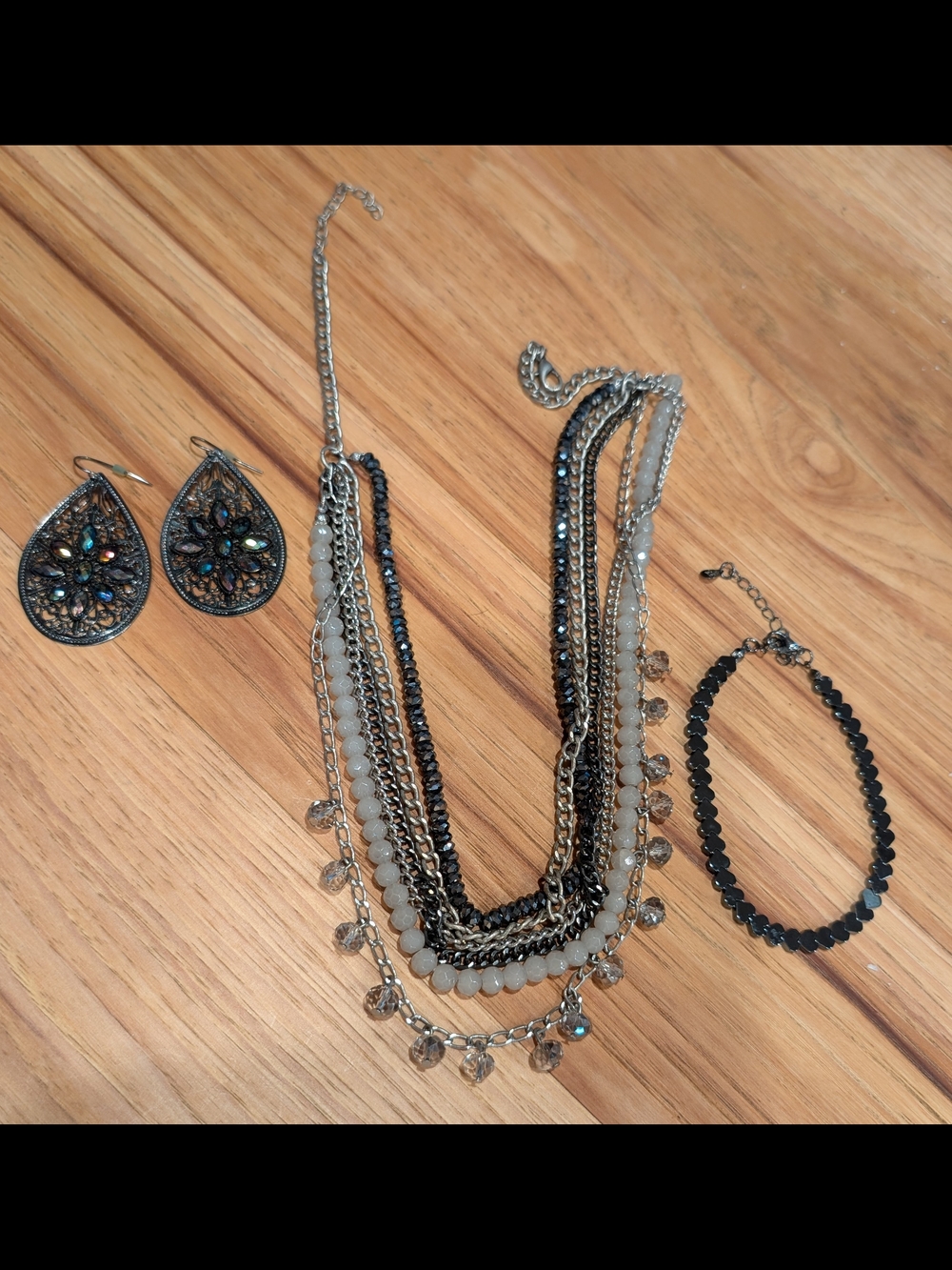 Multi-Strand Black and Silver Statement Necklace Set with Earrings and Bracelet